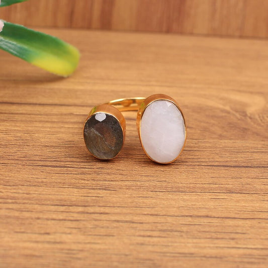 Natural Moonstone & Labradorite Gold Plated Brass  Ring