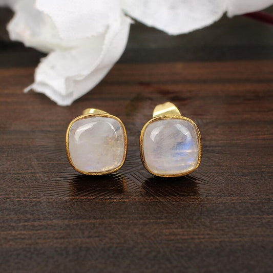 Rainbow Moonstone Cabochon Studs Earrings