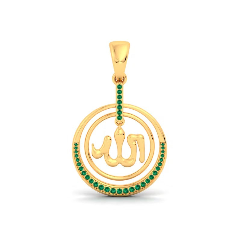 Natural Emerald 14KT Islamic Symbol Solid Gold Necklace