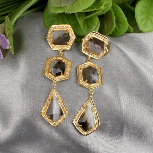 Natural Botswana Agate And Cubic Zirconia Earrings