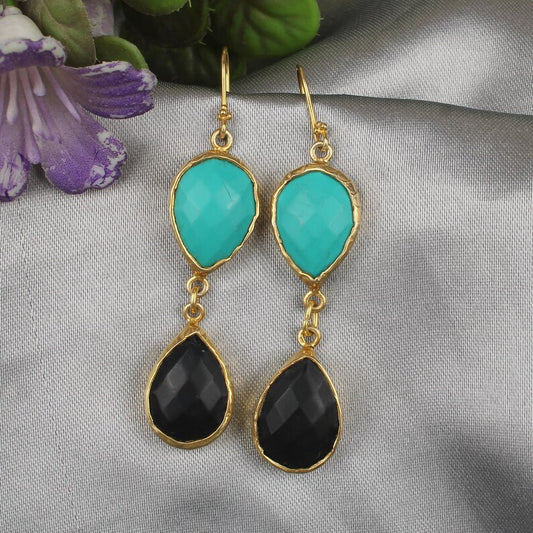 Turquoise & Black Onyx Gold Plated Brass Earrings