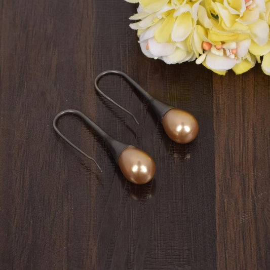 Black Ruthenium Plated Peach Color Pearl Earrings