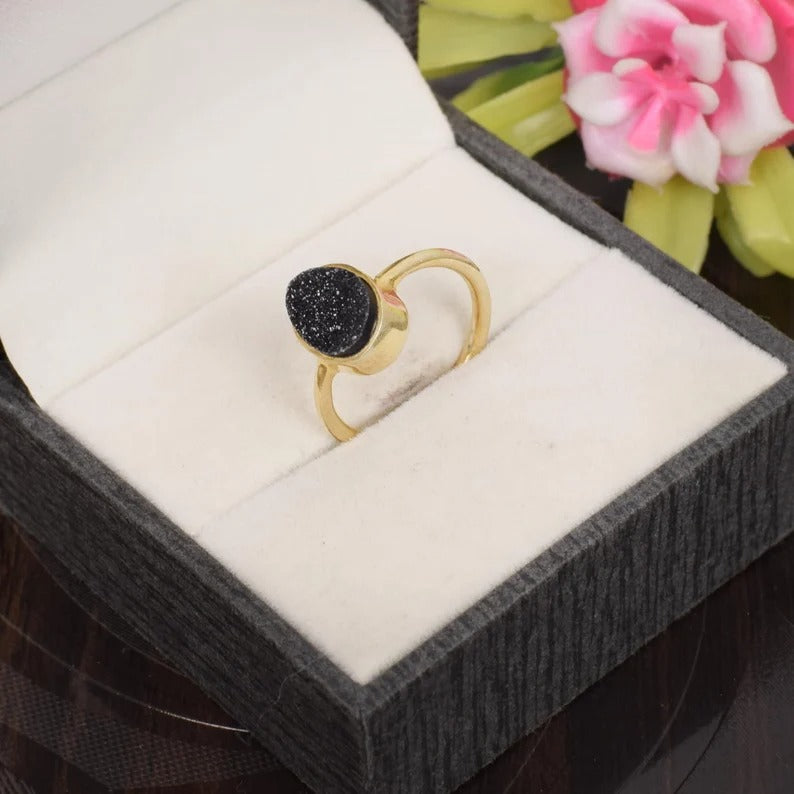 Black Druzy Gemstone 92.5 Sterling Silver Ring