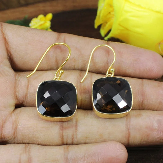 Smoky Quartz Gold Plated Brass Earrings