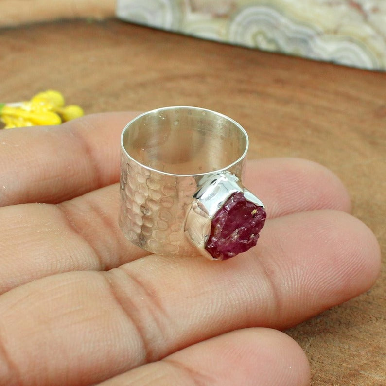 Pink Tourmaline Gemstone Wide Band Sterling Silver Ring