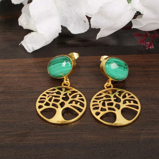 Malachite Gold Plated Brass Earrings