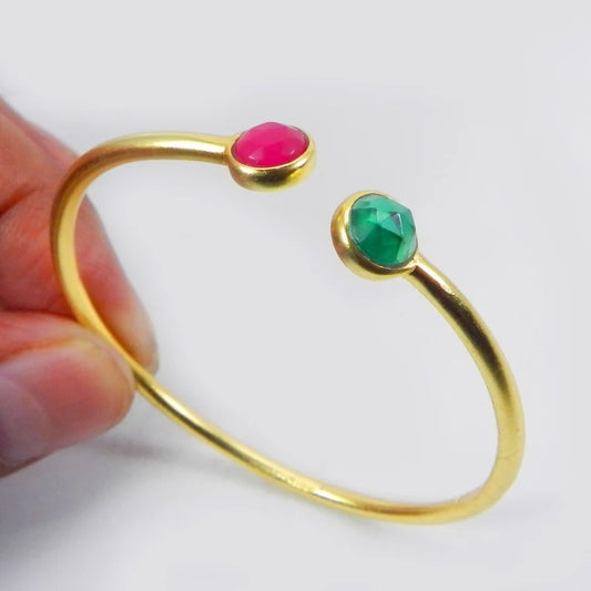 Apatite Hydro & Fuchsia Chalcedony Gold Handmade Adjustable Bezel Setting Cuff Bangle