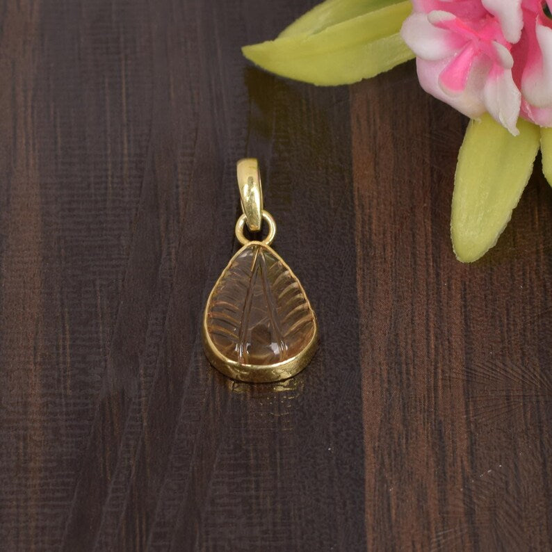 Pear Carving Citrine Bezel Set 92.5 Silver Pendant