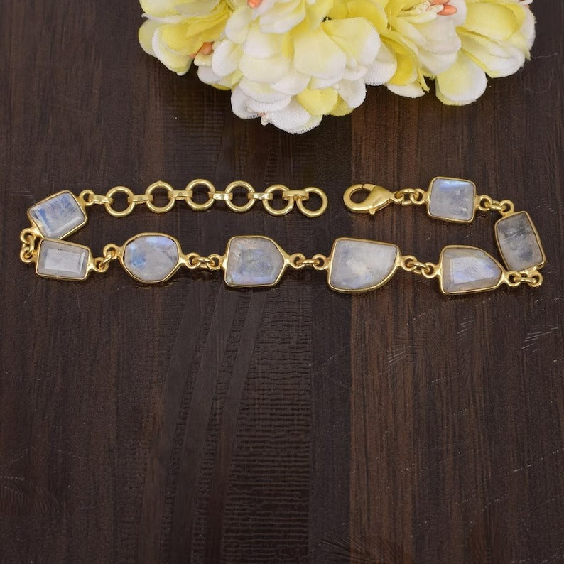 Rainbow Moonstone Gold Plated Brass Bracelet