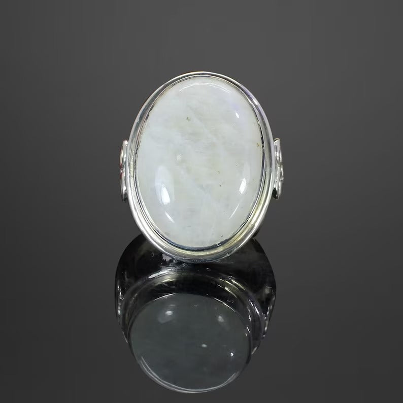 Natural June Birthstone Blue Fire Rainbow Moonstone Ring