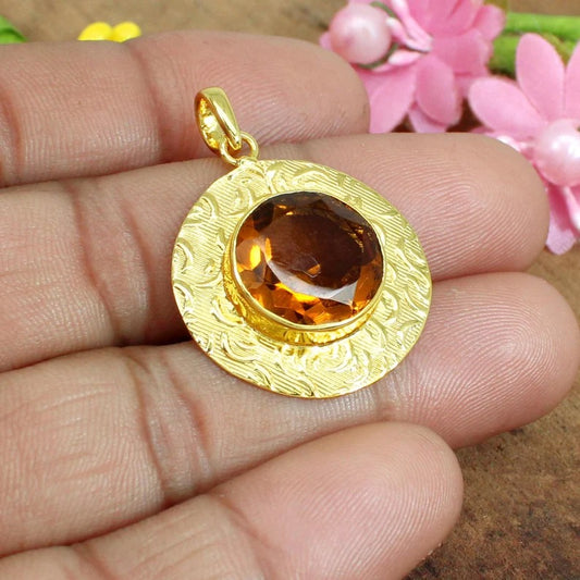 Citrine Gemstone Gold Plated Brass Pendant