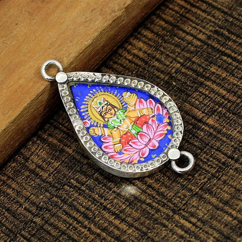 Hindu Goddess Laxmi Hand Painted 925 Sterling Silver Pendant (Connector)