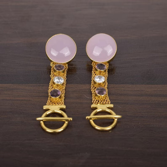 Rose Chalcedony Gemstone Brass Earrings