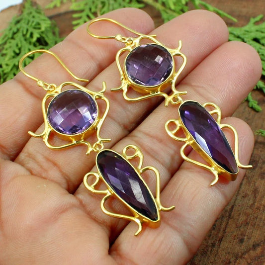 Gold Plated Amethyst Women Dangle Earrings