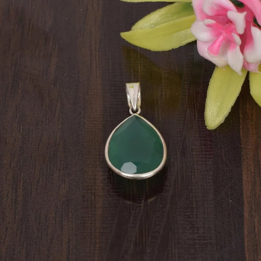 Natural Green Onyx Faceted Pear Stone 92.5 Sterling Silver Pendant