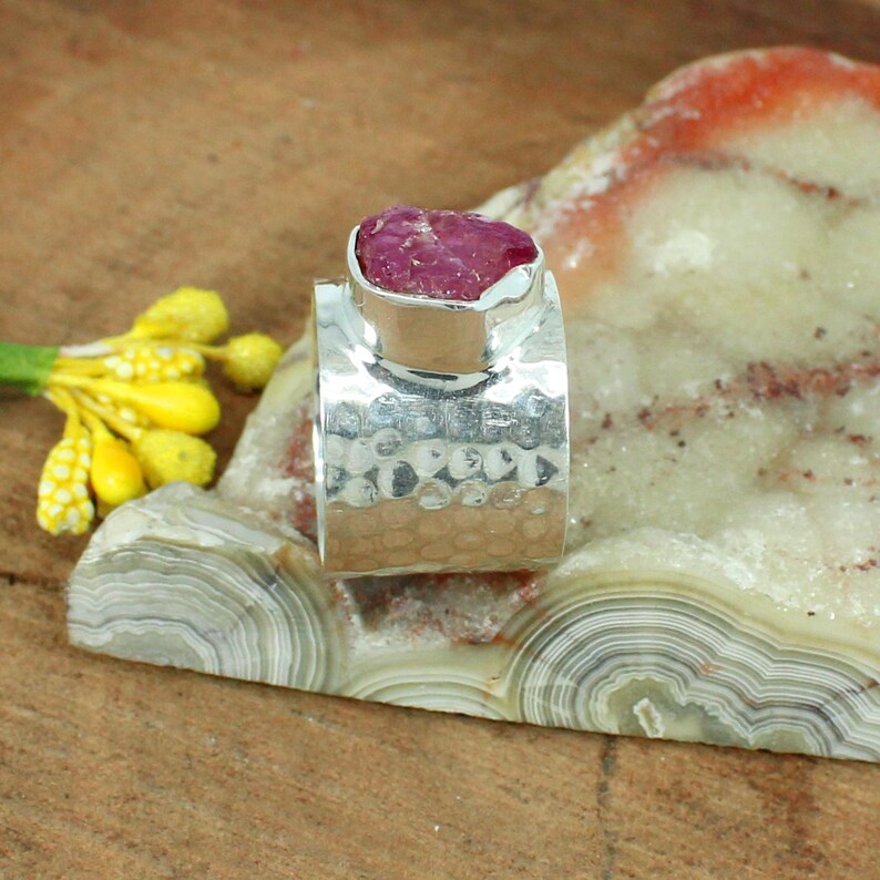 Pink Tourmaline Gemstone Wide Band Sterling Silver Ring