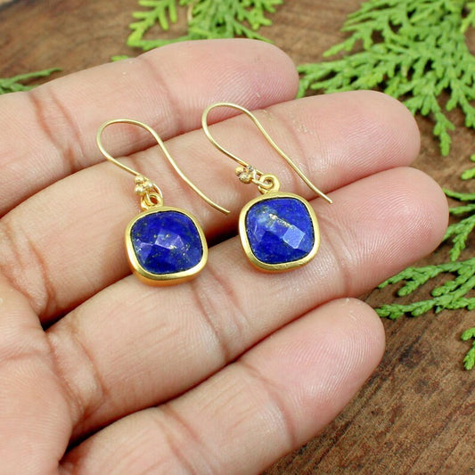 Bezel Set Lapis Lazuli Gold Plated Brass Earrings