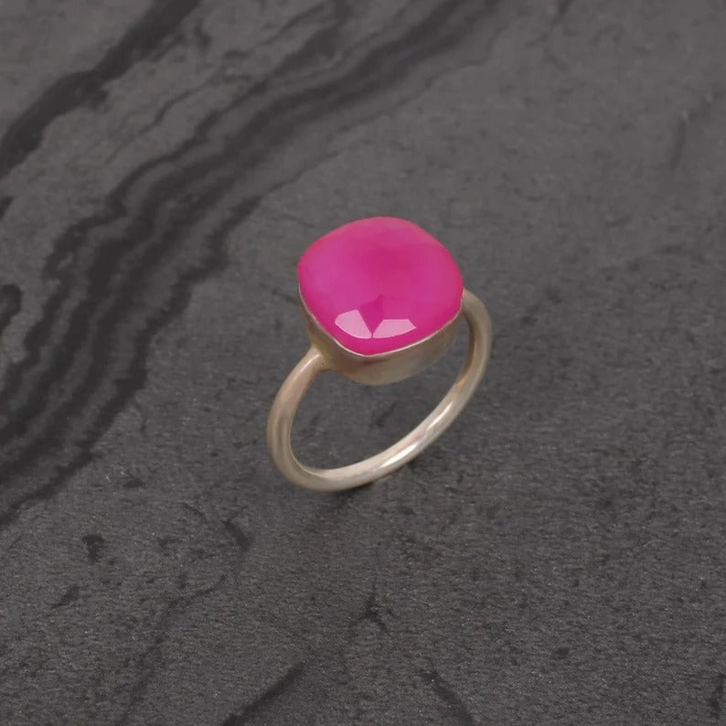 925 Sterling Silver Fuchsia Chalcedony Rose Gold Plated Ring