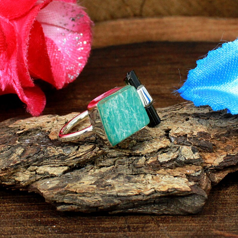 Natural Amazonite & Green Tourmaline Gemstone 92.5 Sterling Silver Ring