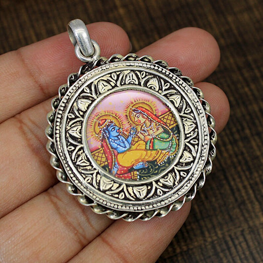 Indian Lord Radha Krishna Painting Pendant in 925 Sterling Silver