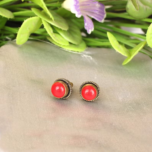 Red Coral Gemstone Brass Studs Earrings