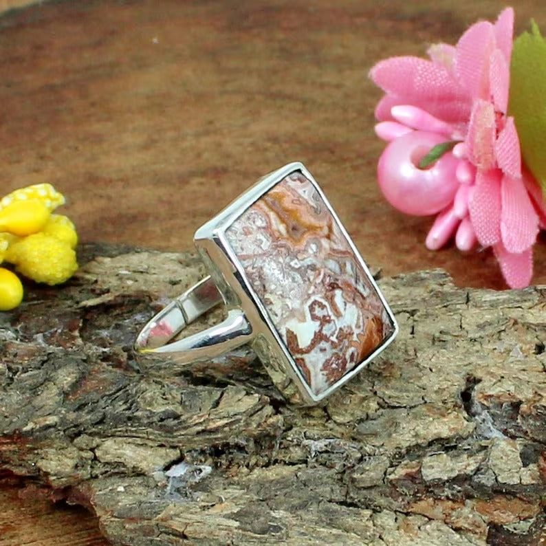 Crazy Lace Agate Gemstone Solid Silver Ring