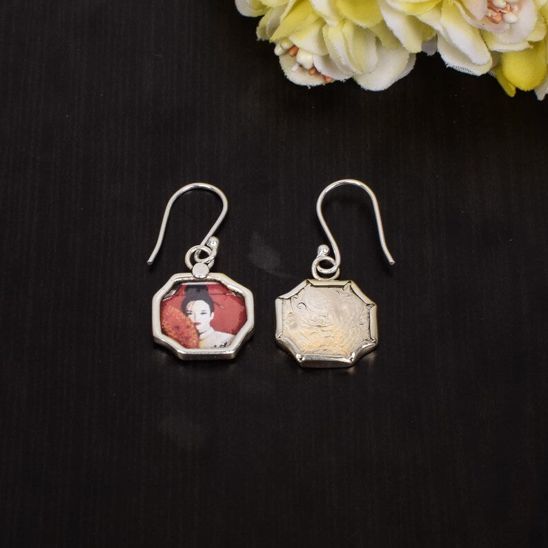 Japanese Doll Picture Handmade Painting 92.5 Sterling Silver Earrings