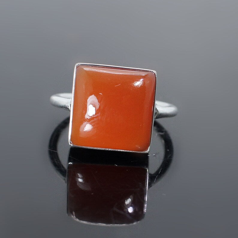 Square Shape Red Onyx Gemstone Silver Ring