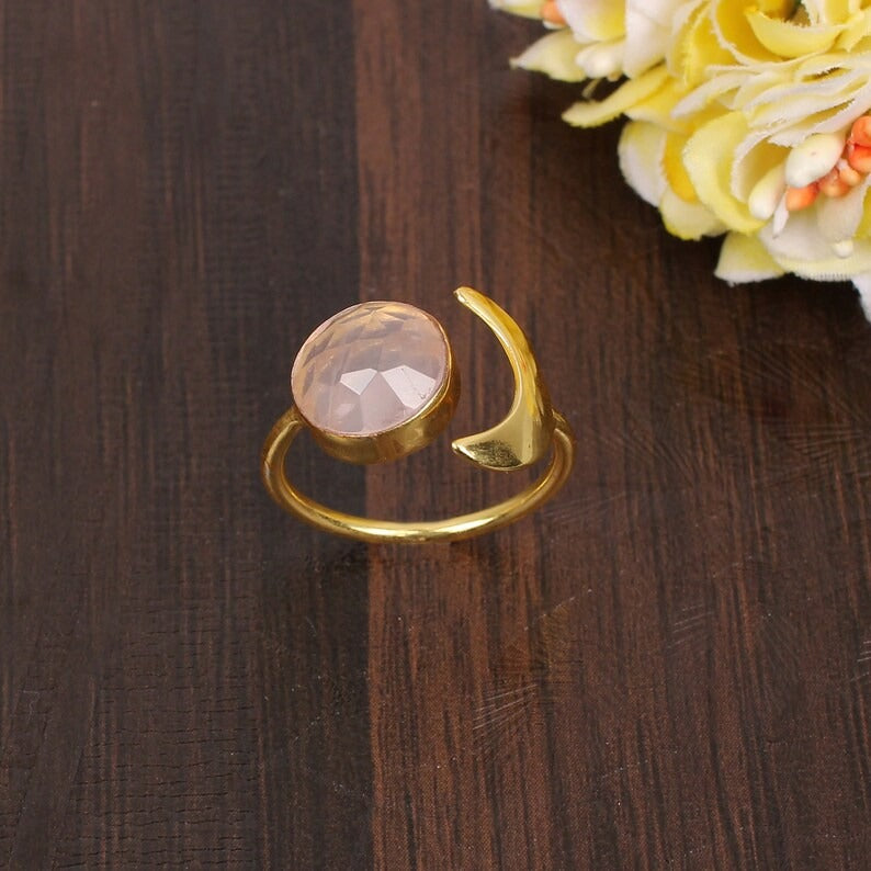 Rose Quartz Half Moon Brass Ring