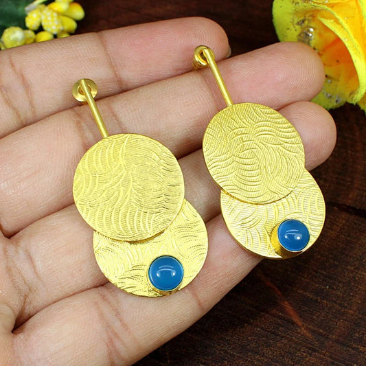 Gold Plated Brass Earrings With Blue Quartz Gemstones