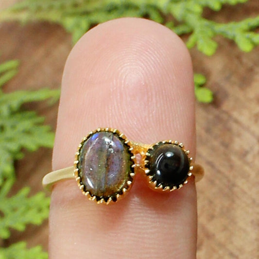 Labradorite & Tiger Eye Gold Plated Brass Ring