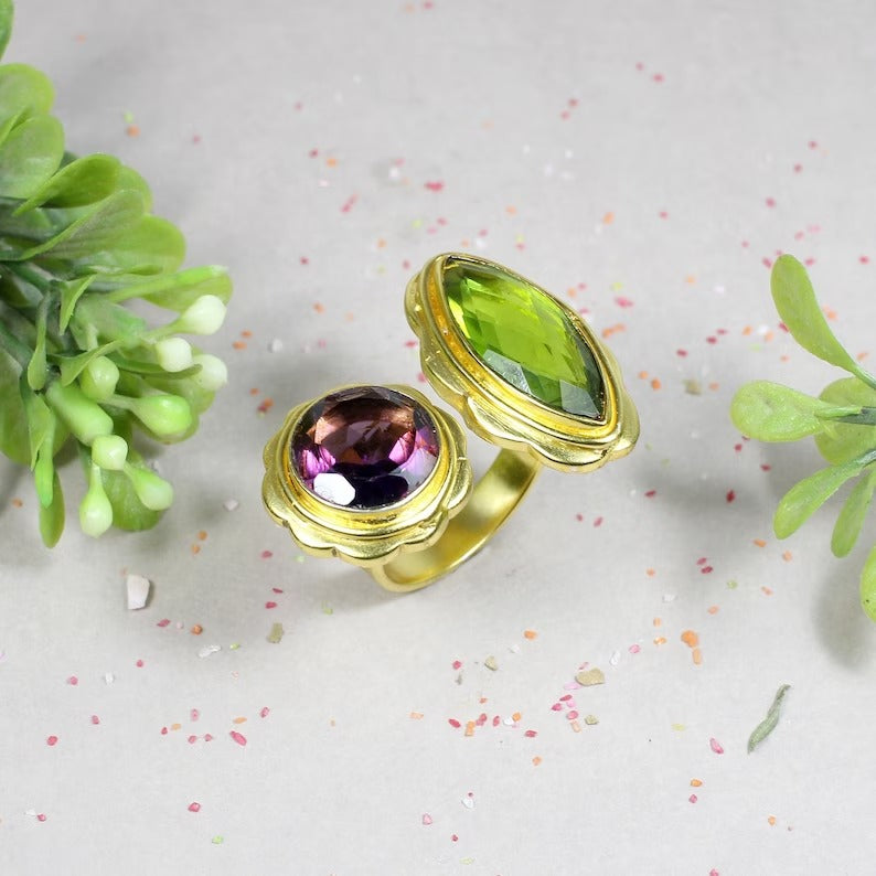 Peridot & Amethyst Gemstone Sterling Silver Ring