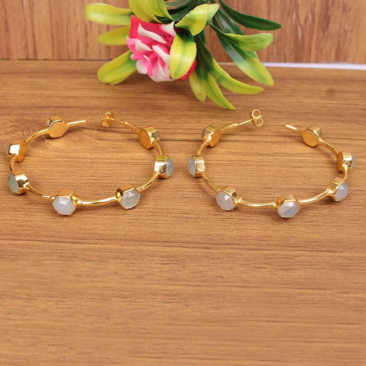 Aqua Chalcedony Gold Plated Brass Hoops