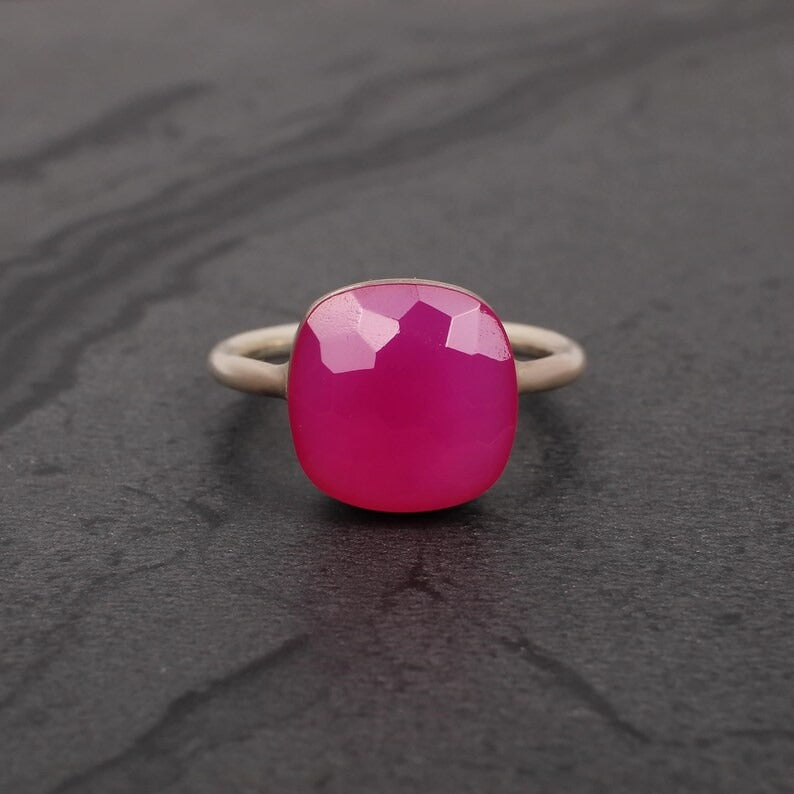 925 Sterling Silver Fuchsia Chalcedony Rose Gold Plated Ring