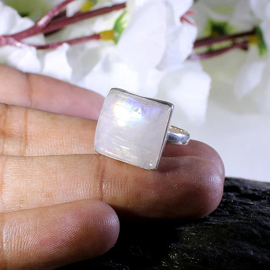 Natural Rainbow Moonstone Gemstone 92.5 Sterling Silver Ring