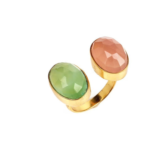 Prehnite Chalcedony & Rose Chalcedony Gold Plated Brass Ring