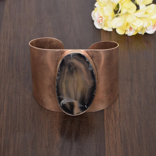 Rose Gold Plated Black Slice Agate Cuff Bangle