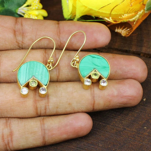 Gold Plated Malachite Gemstone Brass Earrings