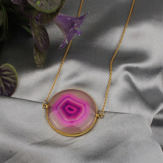 Pink Lace Agate Gemstone Brass Necklace