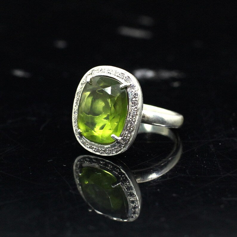 Peridot & CZ Gemstone 92.5 Sterling Silver Ring