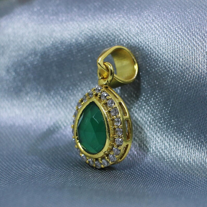 Gold Plated Green Onyx And Cubic Zirconia Brass Pendant