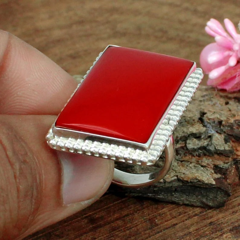 Rectangle Red Coral Bold 925 Sterling Silver Designer Ring