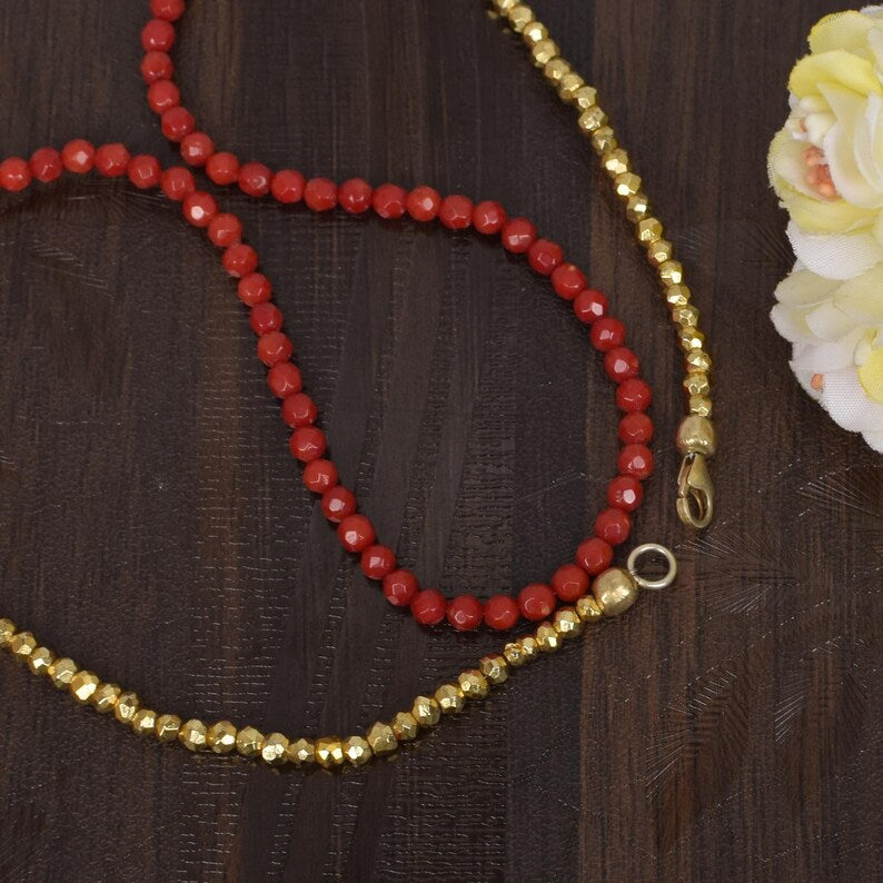 Red Coral And Golden Pyrite Beads Necklace