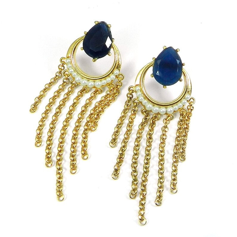 Blue Sapphire & White Pearl Gemstone Gold Plated Brass Earrings