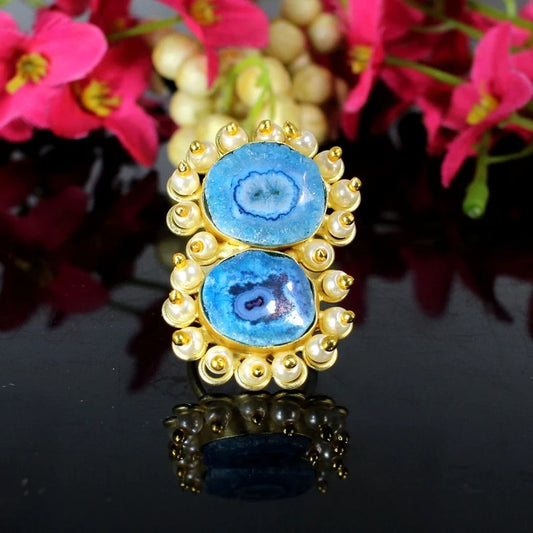 Blue Solar Quartz Gold Plated Ring