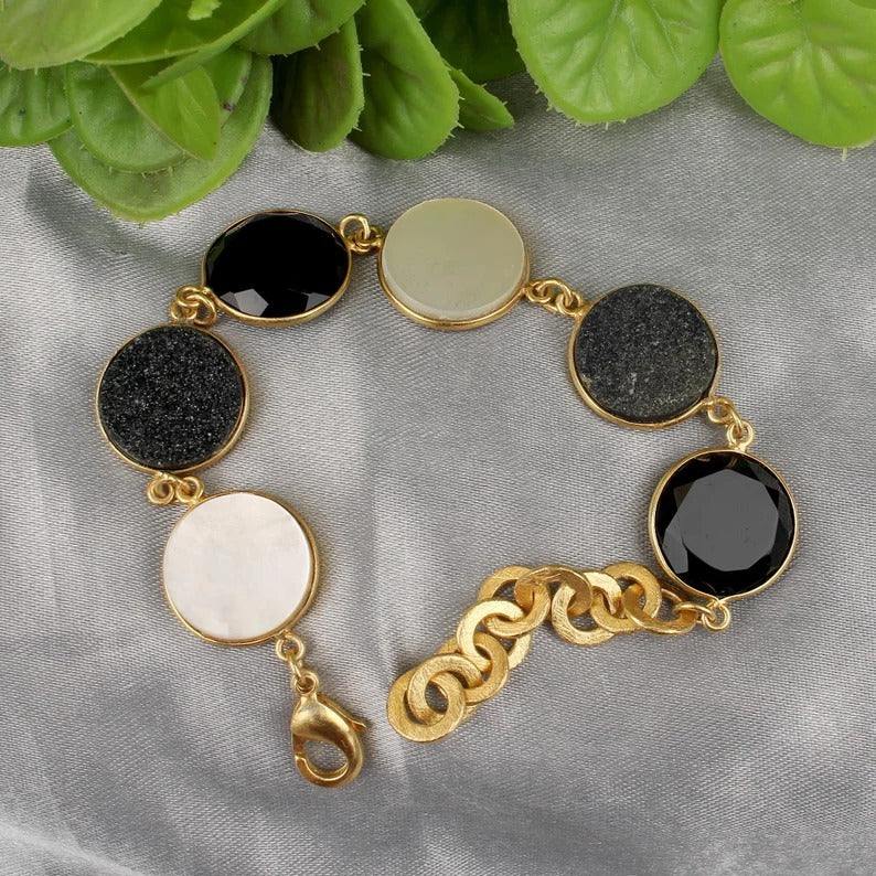 Natural Black Druzy And Mother Of Pearl Gemstone Bracelet