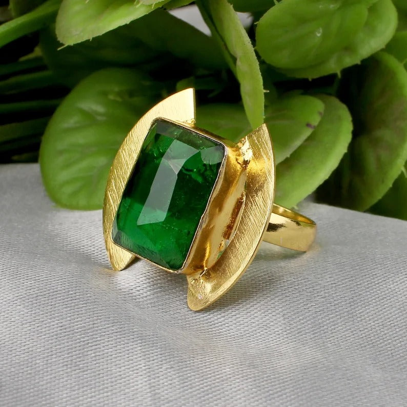 Gold Plated Green Emerald Hydro Ring