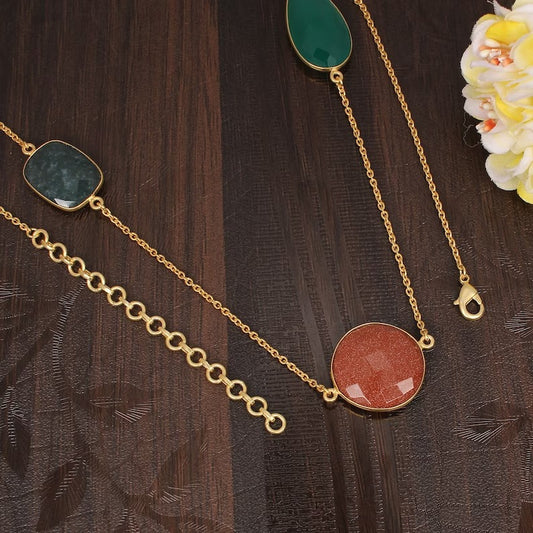 Natural Sunstone Three Stone Gold Plated Brass Necklace