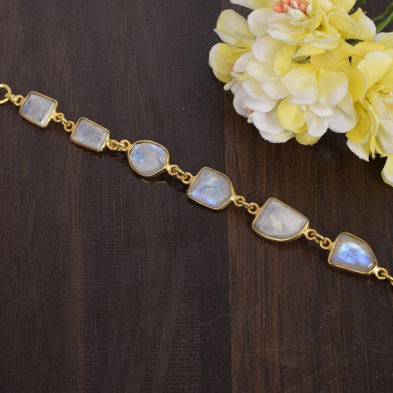 Rainbow Moonstone Gold Plated Brass Bracelet