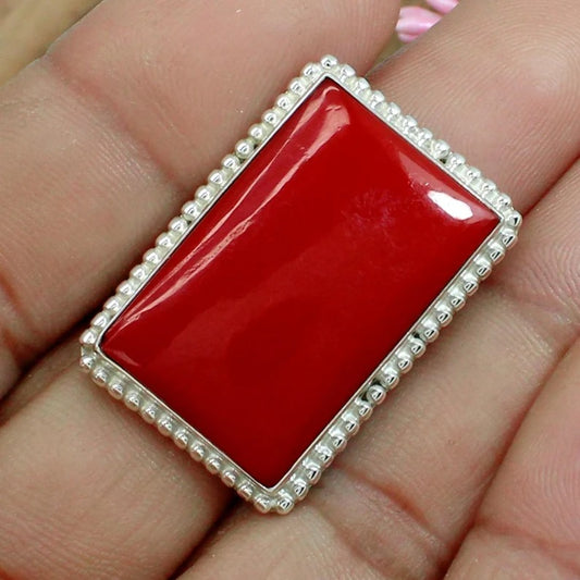 Rectangle Red Coral Bold 925 Sterling Silver Designer Ring